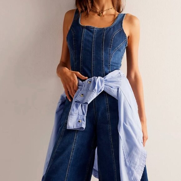 We The Free Pants - ✨ WE THE FREE Lovers Lane Cropped Denim Jumpsuit Boho Festival Retro Sz Small ✨